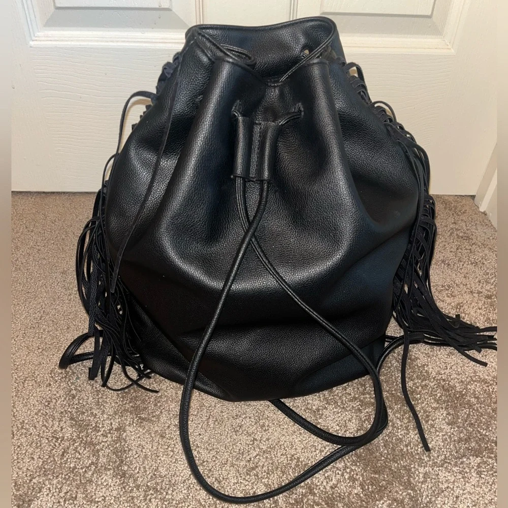 Victoria's Secret Black Faux Leather Fringe Hobo Women's Backpack